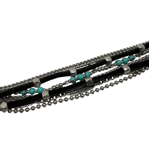 Womens Multi Strand Leather Bracelet Turquoise Beads Silver Chains 8.25in Boho - Picture 8 of 12